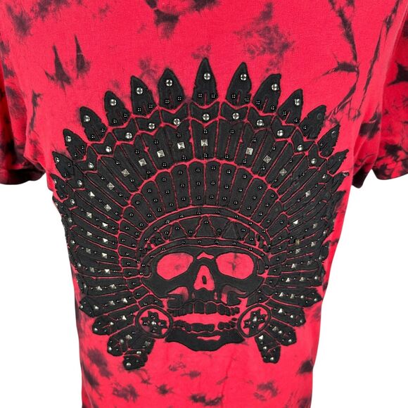 Affliction T-Shirt Men’s Medium Red Black Studded Indian Skull Short Sleeve Y2K - Picture 2 of 10
